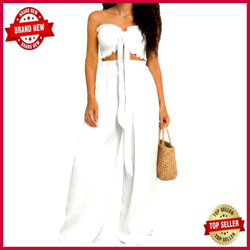Large Polyester 2-Piece Set With Tie-Front Bandeau Top And Wide Leg Pants